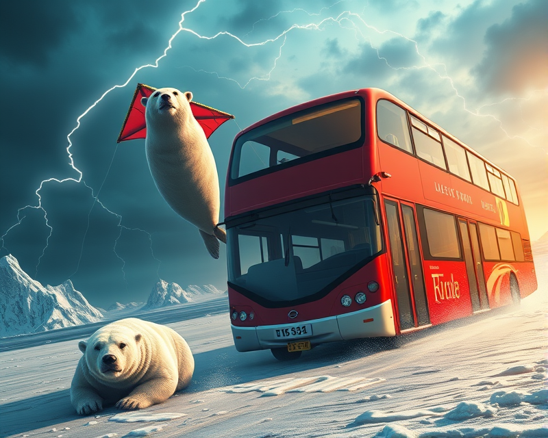 kite, bus, seal, lightning, polar bear